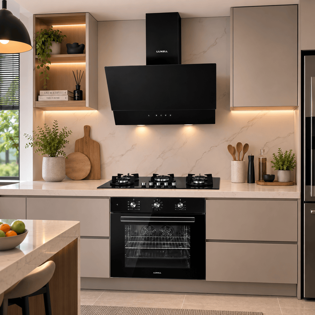 Luxell Built-In Kitchen Appliances Luxell 90cm Black Glass 3-Piece Built-In Kitchen Set with 5-Burner Hob, 650m³/h Hood & 105L Double-Fan Oven - LXSET-90-90M