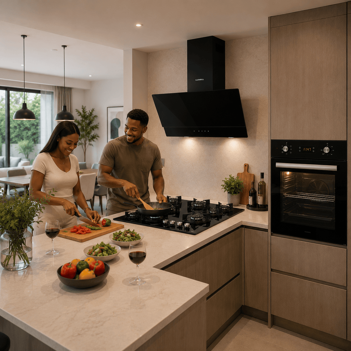 Luxell Built-In Kitchen Appliances Luxell 90cm Black Glass 3-Piece Built-In Kitchen Set with 5-Burner Hob, 650m³/h Hood & 57L Digital Turbo Oven - LXSET-90-60D