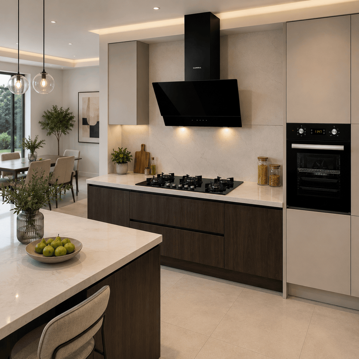 Luxell Built-In Kitchen Appliances Luxell 90cm Black Glass 3-Piece Built-In Kitchen Set with 5-Burner Hob, 650m³/h Hood & 57L Digital Turbo Oven - LXSET-90-60D