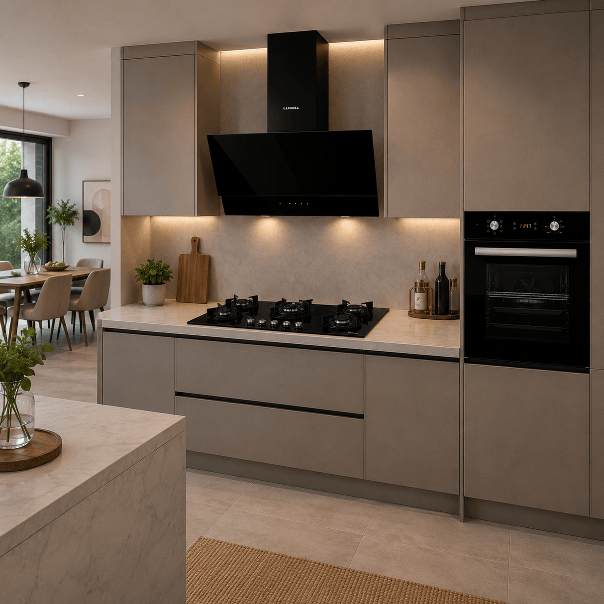 Luxell Built-In Kitchen Appliances Luxell 90cm Black Glass 3-Piece Built-In Kitchen Set with 5-Burner Hob, 650m³/h Hood & 57L Digital Turbo Oven - LXSET-90-60D