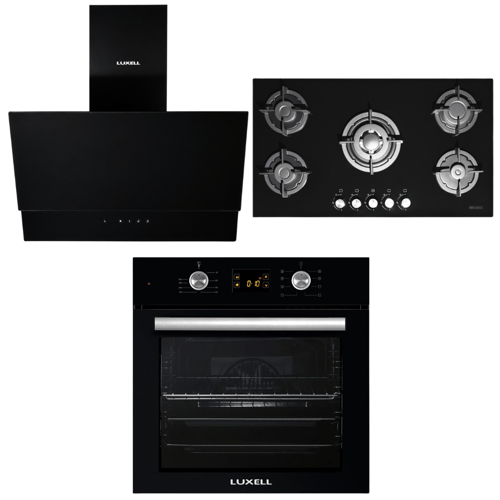 Luxell Built-In Kitchen Appliances Luxell 90cm Black Glass 3-Piece Built-In Kitchen Set with 5-Burner Hob, 650m³/h Hood & 57L Digital Turbo Oven - LXSET-90-60D