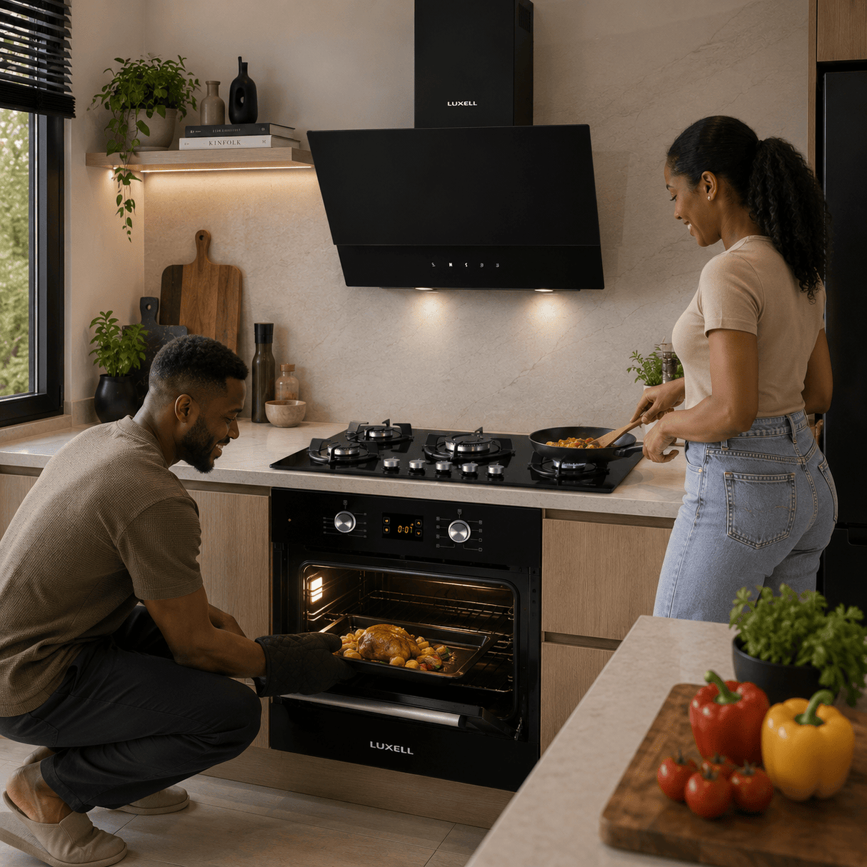 Luxell Built-In Kitchen Appliances Luxell 90cm Black Glass 3-Piece Built-In Kitchen Set with 5-Burner Hob, 650m³/h Hood & 57L Digital Turbo Oven - LXSET-90-60D