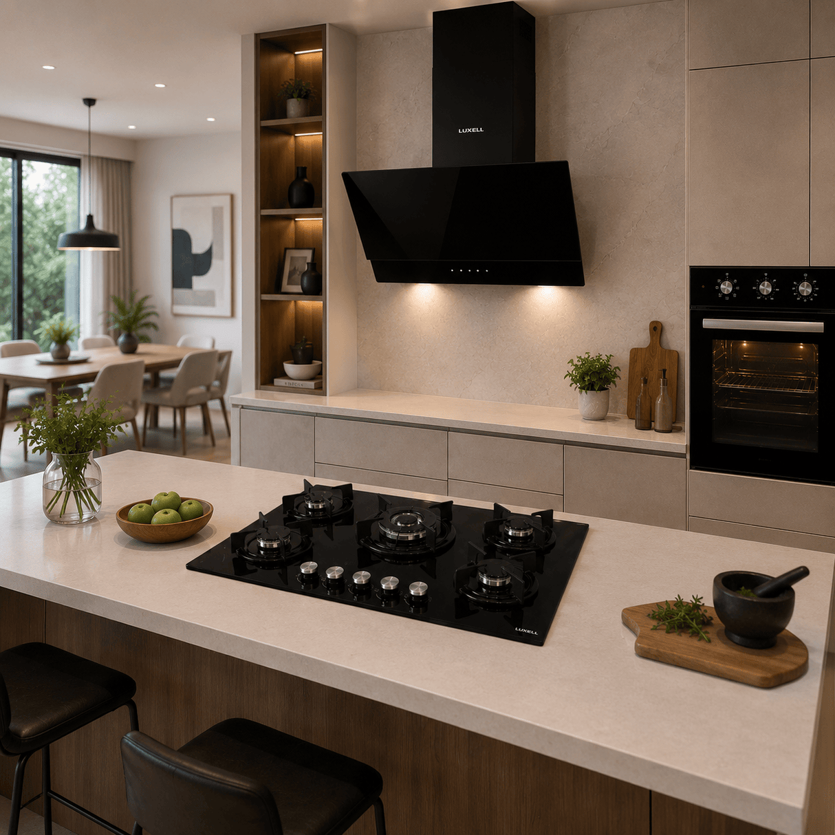 Luxell Built-In Kitchen Appliances Luxell 90cm Black Glass 3-Piece Built-In Kitchen Set with 5-Burner Hob, 650m³/h Hood & 60cm Convection Oven - LXSET-90-60M