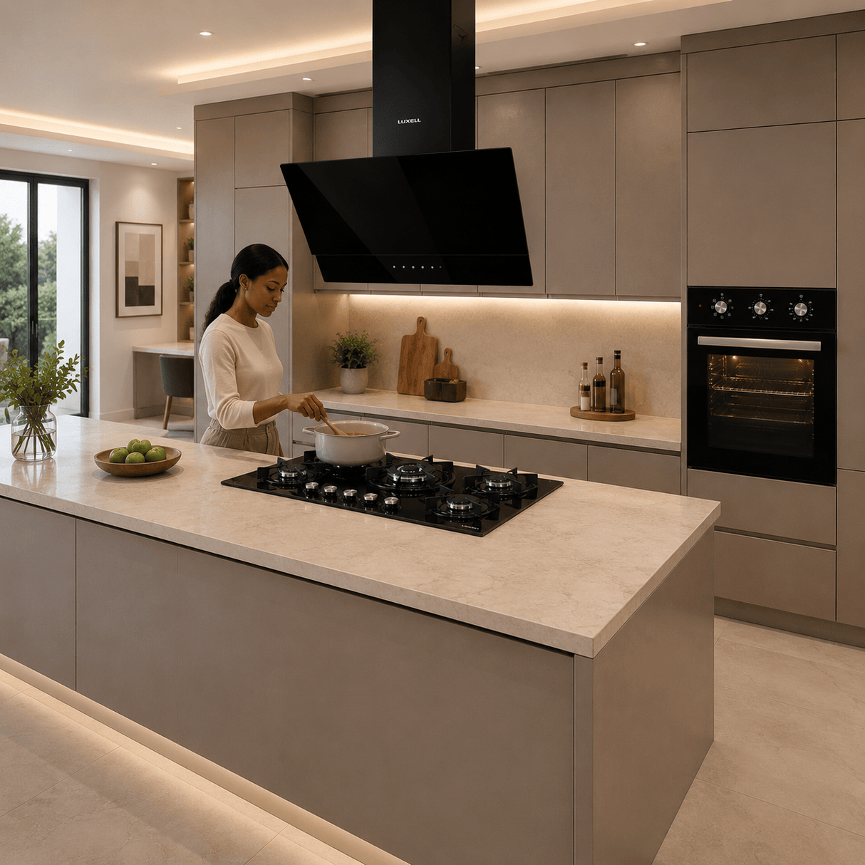 Luxell Built-In Kitchen Appliances Luxell 90cm Black Glass 3-Piece Built-In Kitchen Set with 5-Burner Hob, 650m³/h Hood & 60cm Convection Oven - LXSET-90-60M