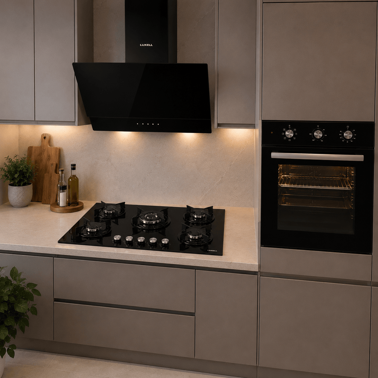 Luxell Built-In Kitchen Appliances Luxell 90cm Black Glass 3-Piece Built-In Kitchen Set with 5-Burner Hob, 650m³/h Hood & 60cm Convection Oven - LXSET-90-60M