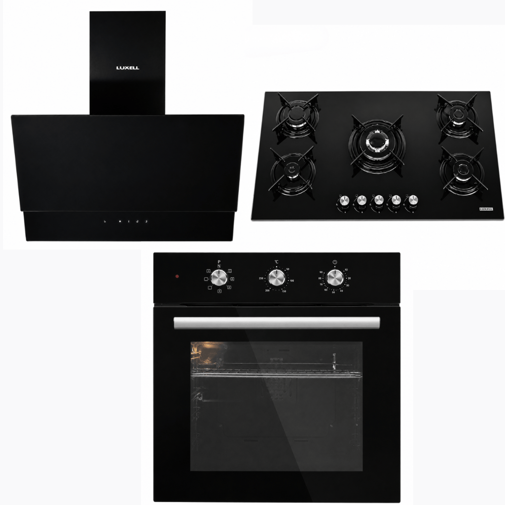 Luxell Built-In Kitchen Appliances Luxell 90cm Black Glass 3-Piece Built-In Kitchen Set with 5-Burner Hob, 650m³/h Hood & 60cm Convection Oven - LXSET-90-60M
