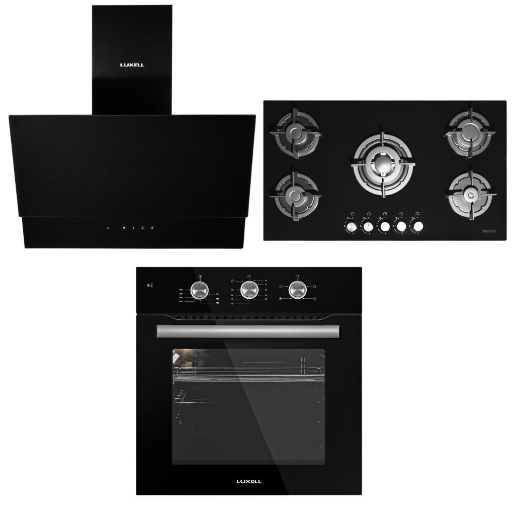 Luxell Built-In Kitchen Appliances Luxell 90cm Black Glass 3-Piece Built-In Kitchen Set with 5-Burner Hob, 650m³/h Hood & 60cm Convection Oven - LXSET-90-60M