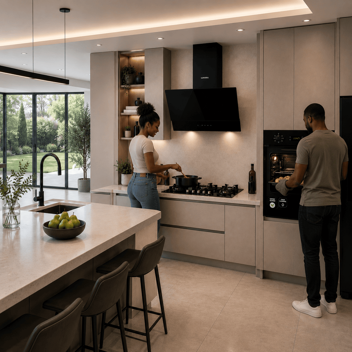 Luxell Luxell 90cm Black Glass 3-Piece Built-In Kitchen Set with 5-Burner Hob, 650m³/h Hood & 88L Digital Turbo Oven - LXSET-90-88D