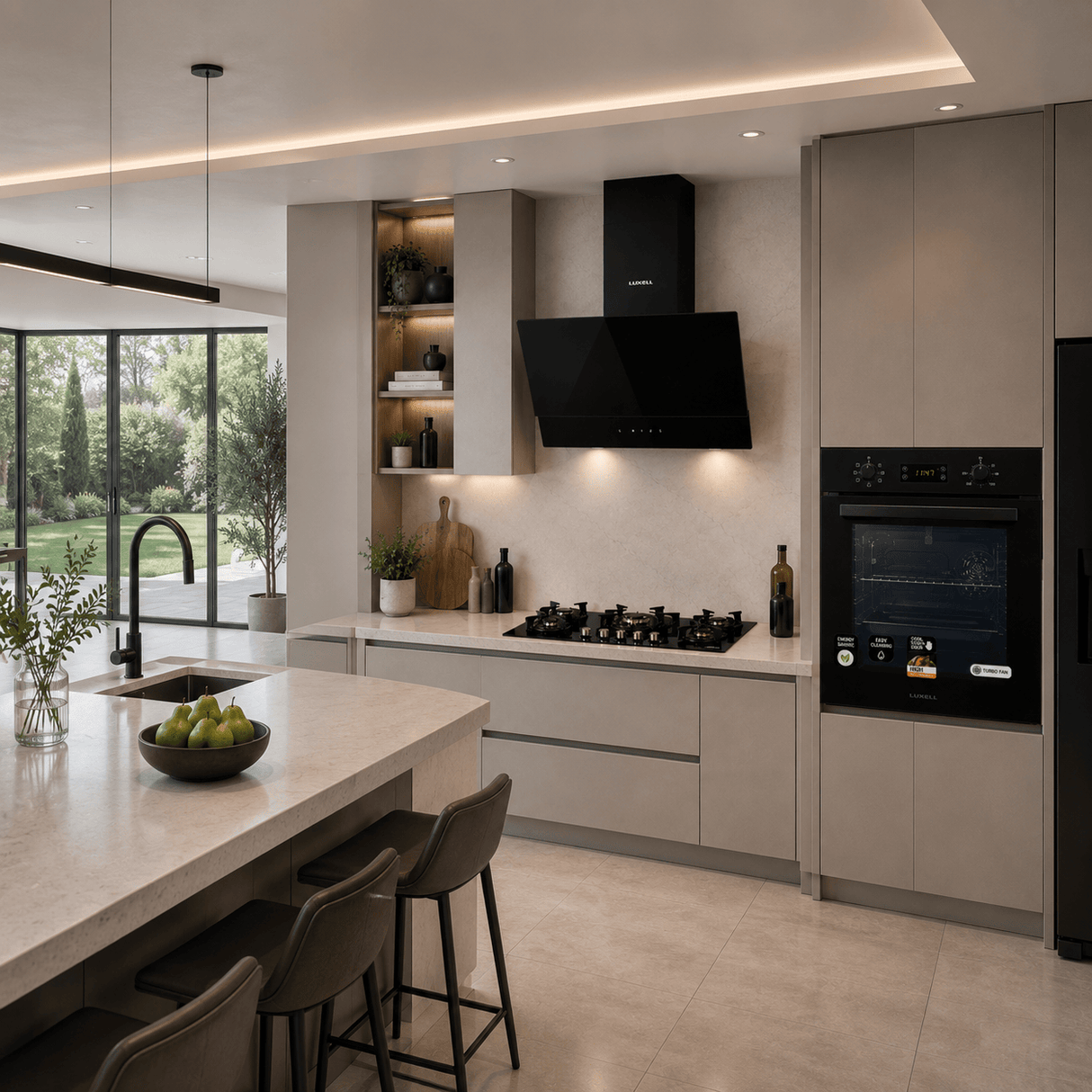 Luxell Luxell 90cm Black Glass 3-Piece Built-In Kitchen Set with 5-Burner Hob, 650m³/h Hood & 88L Digital Turbo Oven - LXSET-90-88D