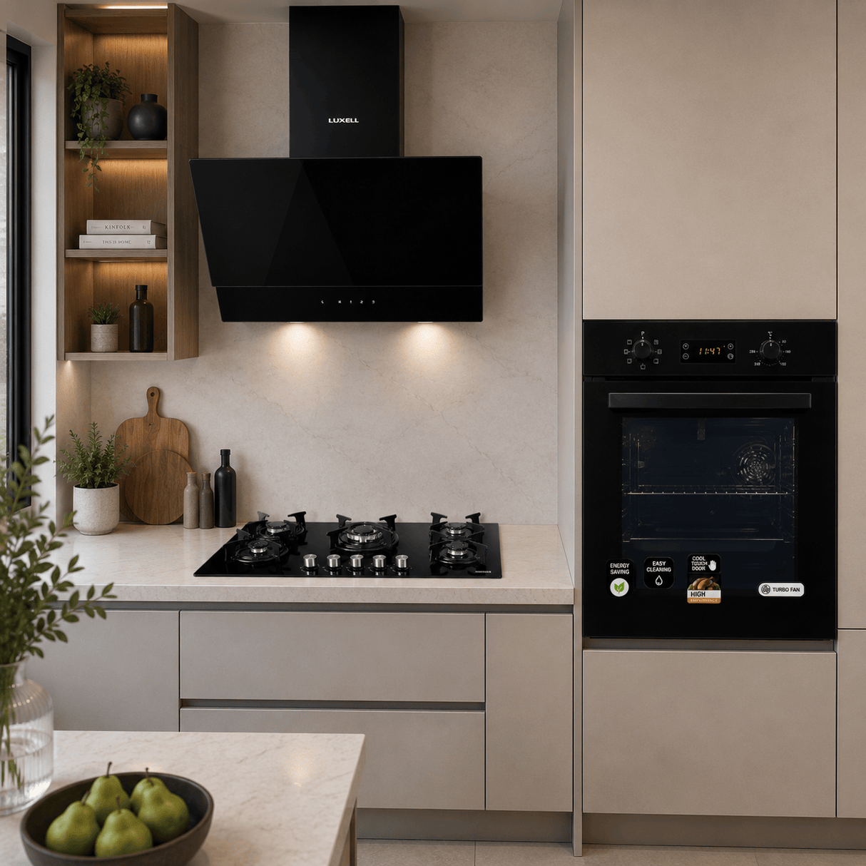 Luxell Luxell 90cm Black Glass 3-Piece Built-In Kitchen Set with 5-Burner Hob, 650m³/h Hood & 88L Digital Turbo Oven - LXSET-90-88D
