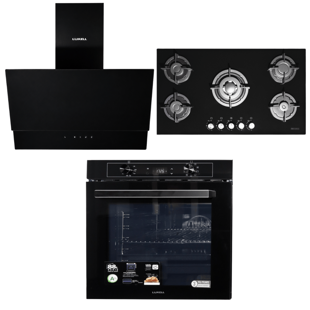 Luxell Built-In Kitchen Appliances Luxell 90cm Black Glass 3-Piece Built-In Kitchen Set with 5-Burner Hob, 650m³/h Hood & 88L Digital Turbo Oven - LXSET-90-88D