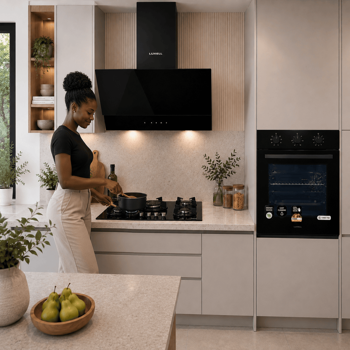 Luxell Built-In Kitchen Appliances Luxell 90cm Black Glass 3-Piece Built-In Kitchen Set with 5-Burner Hob, 650m³/h Hood & 88L Turbo Oven - LXSET-90-88M
