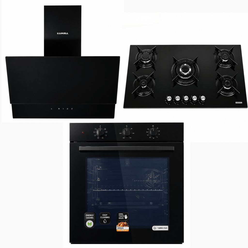 Luxell Built-In Kitchen Appliances Luxell 90cm Black Glass 3-Piece Built-In Kitchen Set with 5-Burner Hob, 650m³/h Hood & 88L Turbo Oven - LXSET-90-88M