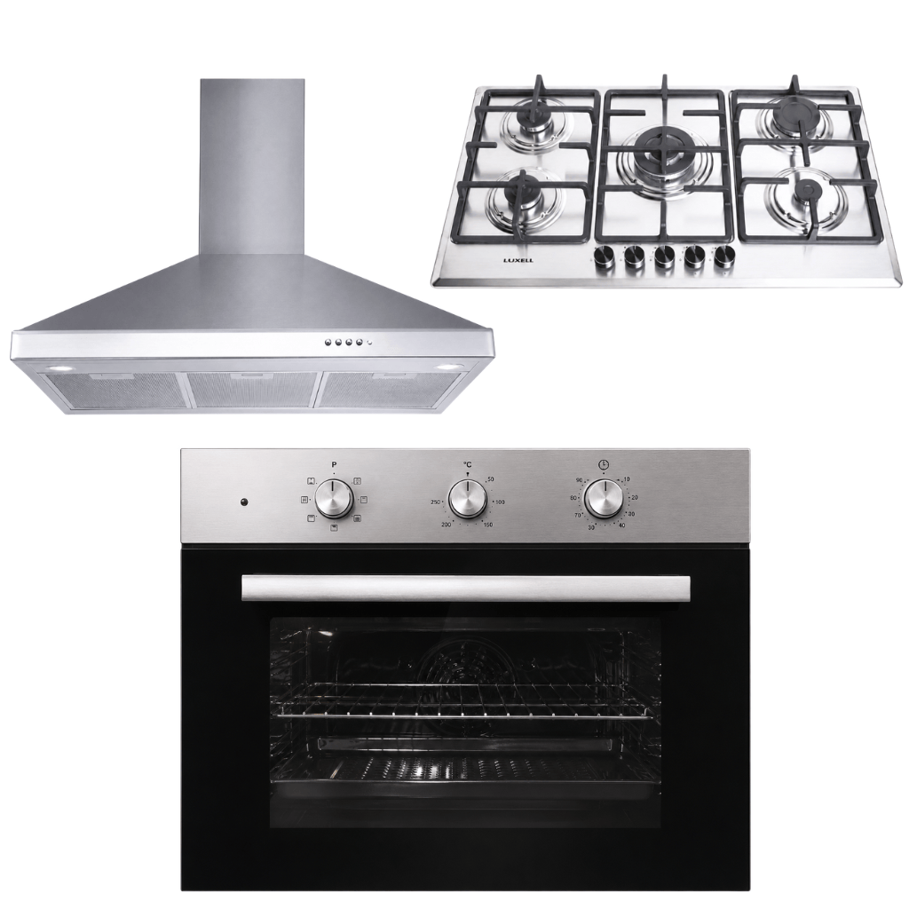 Luxell Built-In Kitchen Appliances Luxell 90cm Stainless Steel 3-Piece Built-In Kitchen Set with 105L Double-Fan Oven & 5- or 6-Burner Hob - LXSET-90-SS