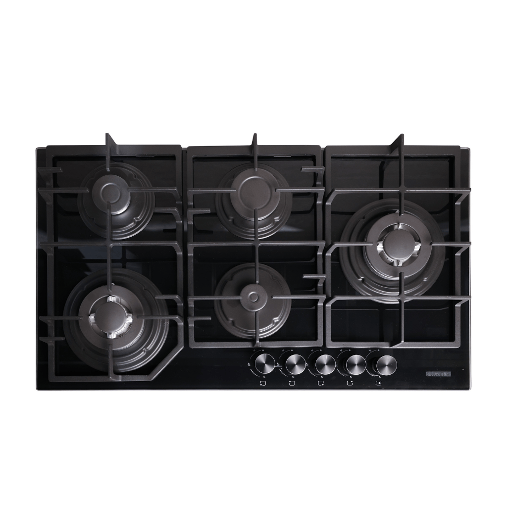 Luxell Built-In Hobs Luxell Hex 90cm 5-Burner Black Glass Gas Hob with Cast Iron Supports - C9-50WF