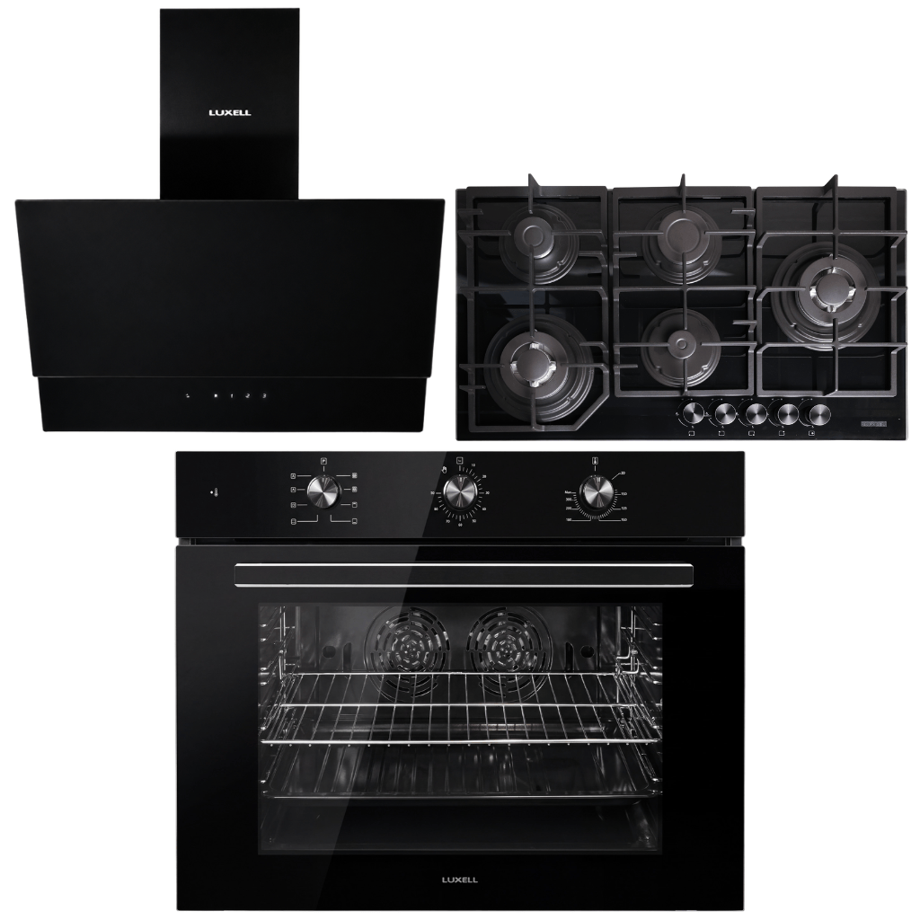 Luxell Built-In Kitchen Appliances Luxell Hex 90cm Black Glass 3-Piece Built-In Kitchen Set with 5-Burner Wok Hob, 650m³/h Hood & 105L Double-Fan Oven - LXSET-HX90-90M