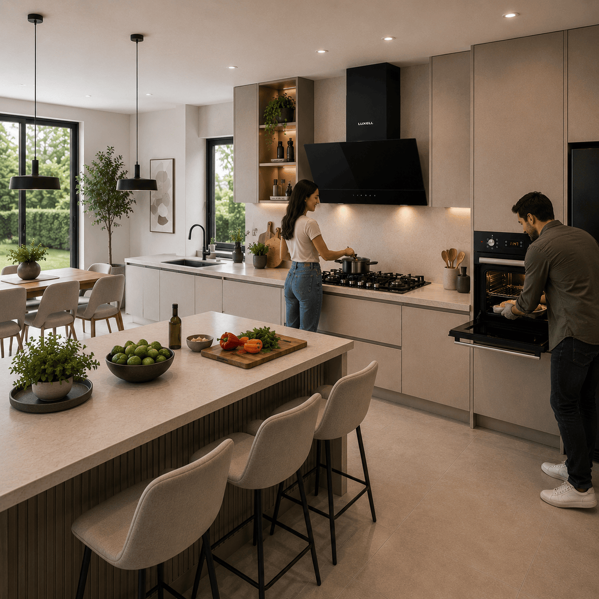 Luxell Built-In Kitchen Appliances Luxell Hex 90cm Black Glass 3-Piece Built-In Kitchen Set with 5-Burner Wok Hob, 650m³/h Hood & 57L Digital Oven - LXSET-HX90-60D