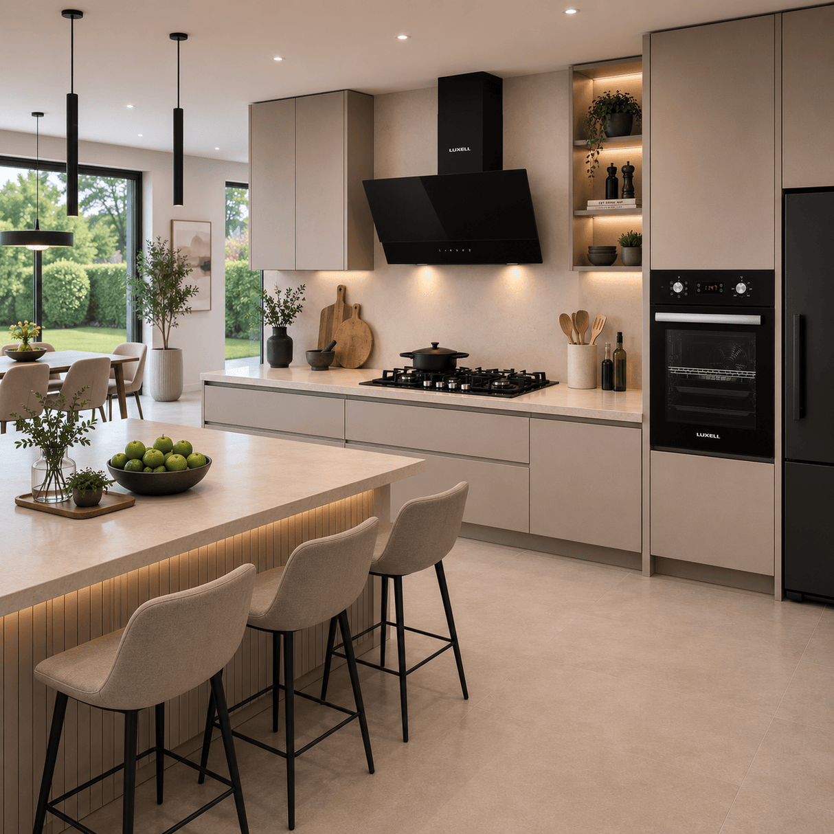 Luxell Built-In Kitchen Appliances Luxell Hex 90cm Black Glass 3-Piece Built-In Kitchen Set with 5-Burner Wok Hob, 650m³/h Hood & 57L Digital Oven - LXSET-HX90-60D