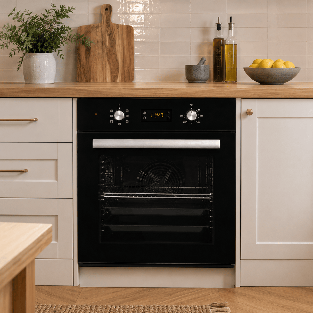 Luxell Built-In Kitchen Appliances Luxell Hex 90cm Black Glass 3-Piece Built-In Kitchen Set with 5-Burner Wok Hob, 650m³/h Hood & 57L Digital Oven - LXSET-HX90-60D