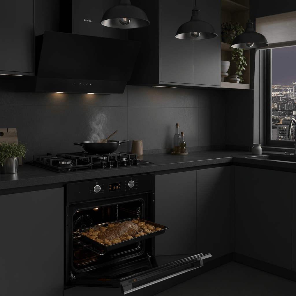 Luxell Built-In Kitchen Appliances Luxell Hex 90cm Black Glass 3-Piece Built-In Kitchen Set with 5-Burner Wok Hob, 650m³/h Hood & 57L Digital Oven - LXSET-HX90-60D