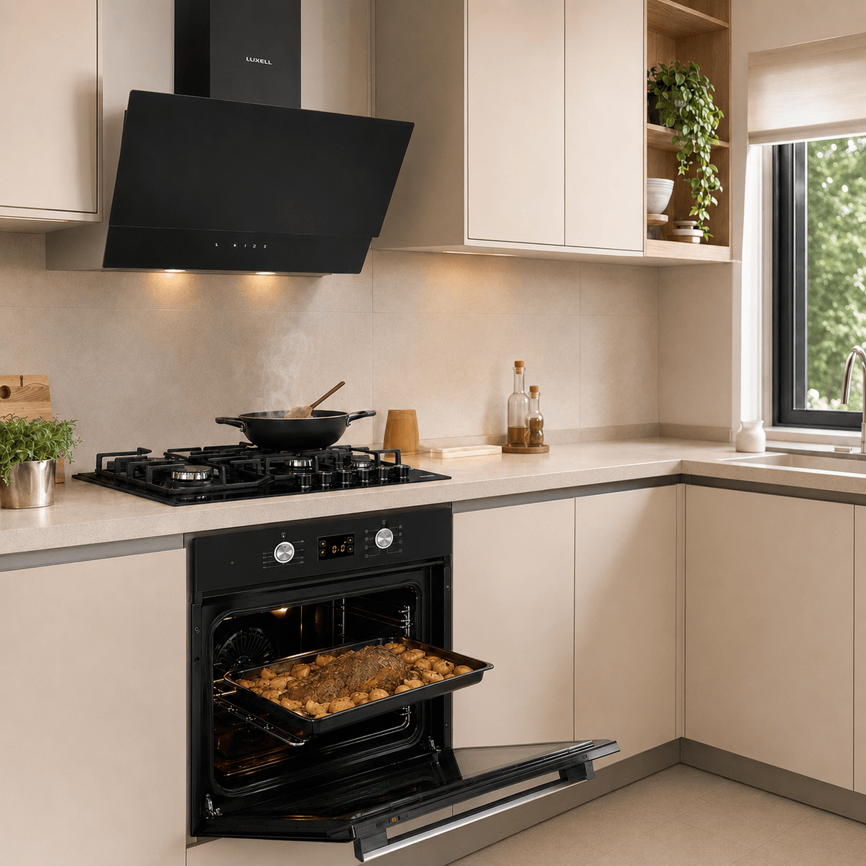 Luxell Built-In Kitchen Appliances Luxell Hex 90cm Black Glass 3-Piece Built-In Kitchen Set with 5-Burner Wok Hob, 650m³/h Hood & 57L Digital Oven - LXSET-HX90-60D