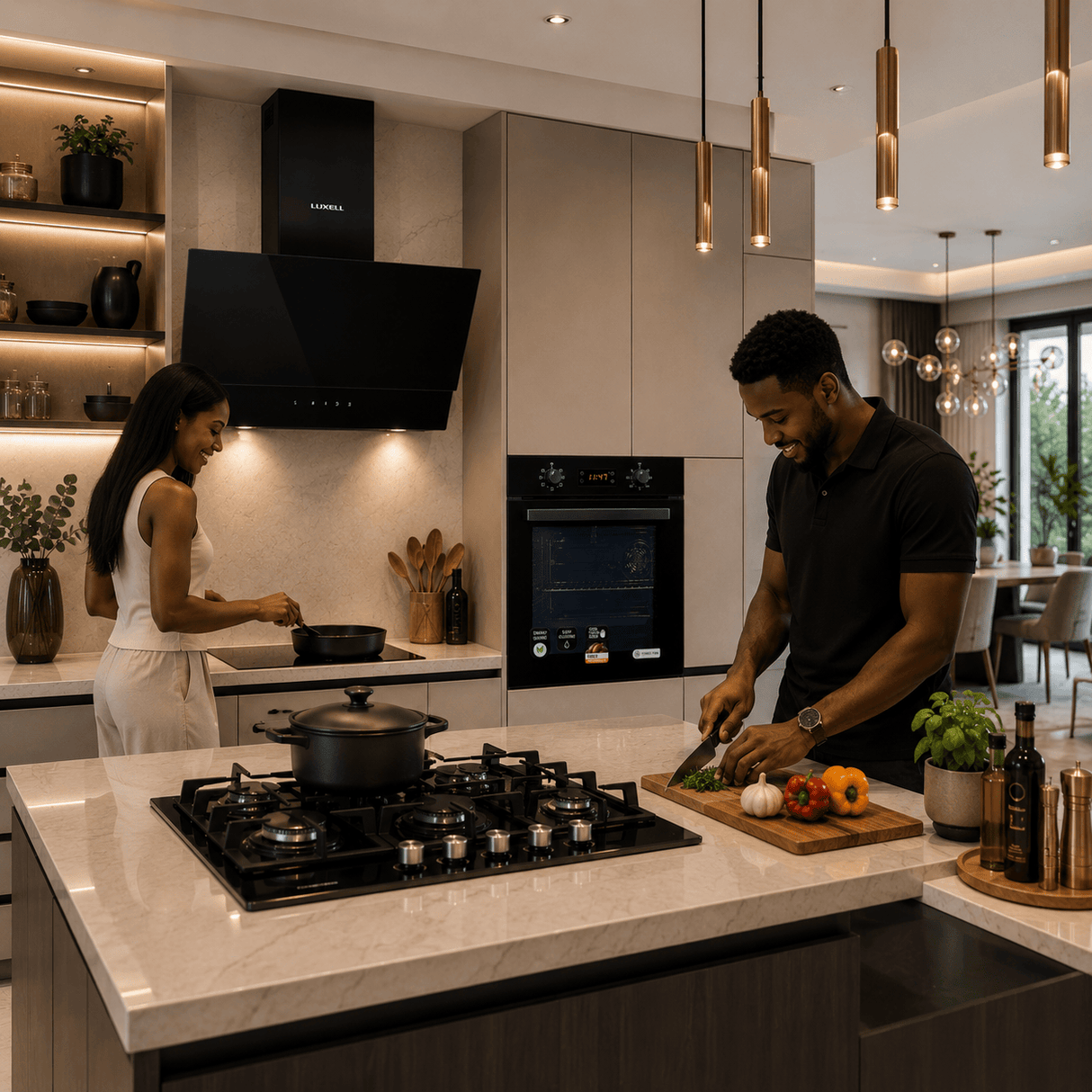 Luxell Built-In Kitchen Appliances Luxell Hex 90cm Black Glass 3-Piece Built-In Kitchen Set with 5-Burner Wok Hob, 650m³/h Hood & 88L Digital Oven - LXSET-HX90-88D