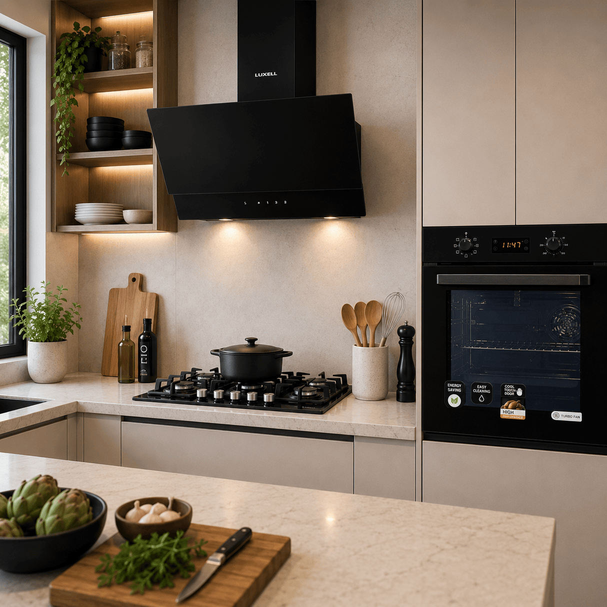 Luxell Built-In Kitchen Appliances Luxell Hex 90cm Black Glass 3-Piece Built-In Kitchen Set with 5-Burner Wok Hob, 650m³/h Hood & 88L Digital Oven - LXSET-HX90-88D