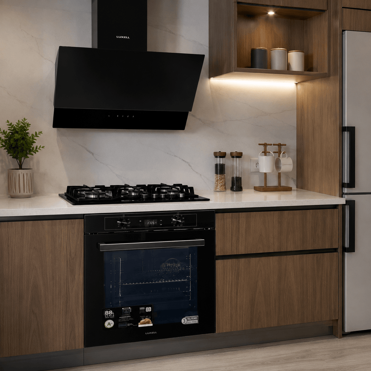 Luxell Built-In Kitchen Appliances Luxell Hex 90cm Black Glass 3-Piece Built-In Kitchen Set with 5-Burner Wok Hob, 650m³/h Hood & 88L Digital Oven - LXSET-HX90-88D