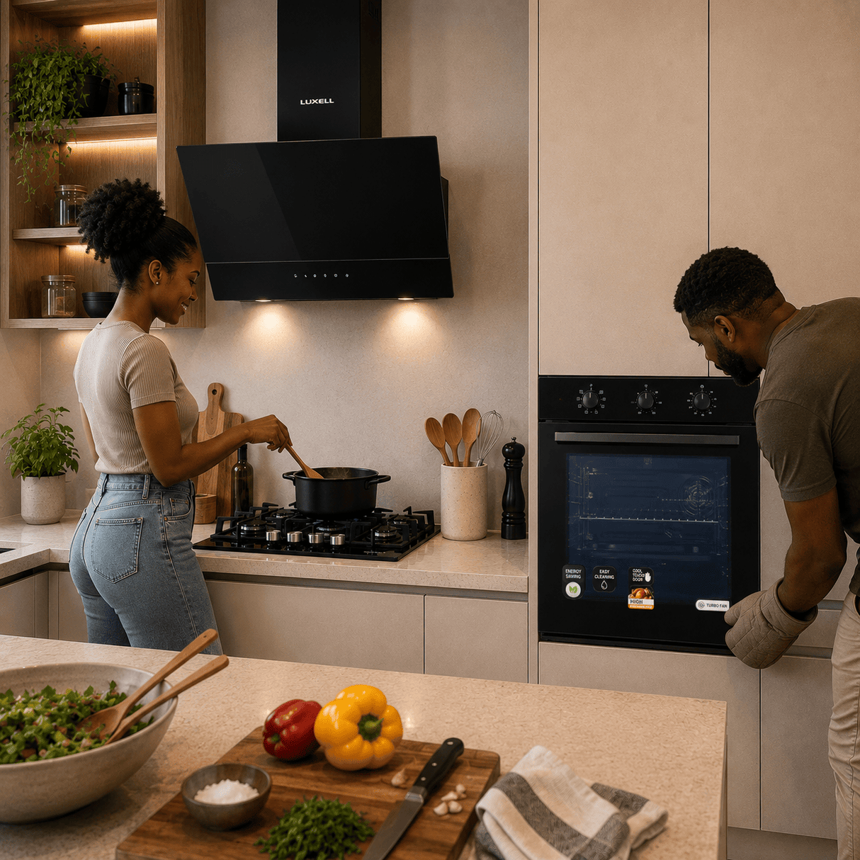Luxell Built-In Kitchen Appliances Luxell Hex 90cm Black Glass 3-Piece Built-In Kitchen Set with 5-Burner Wok Hob, 650m³/h Hood & 88L Turbo Oven - LXSET-HX90-88M