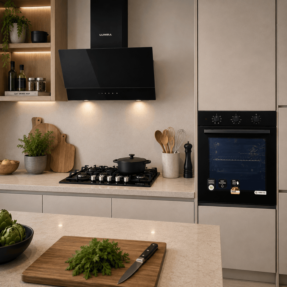 Luxell Built-In Kitchen Appliances Luxell Hex 90cm Black Glass 3-Piece Built-In Kitchen Set with 5-Burner Wok Hob, 650m³/h Hood & 88L Turbo Oven - LXSET-HX90-88M