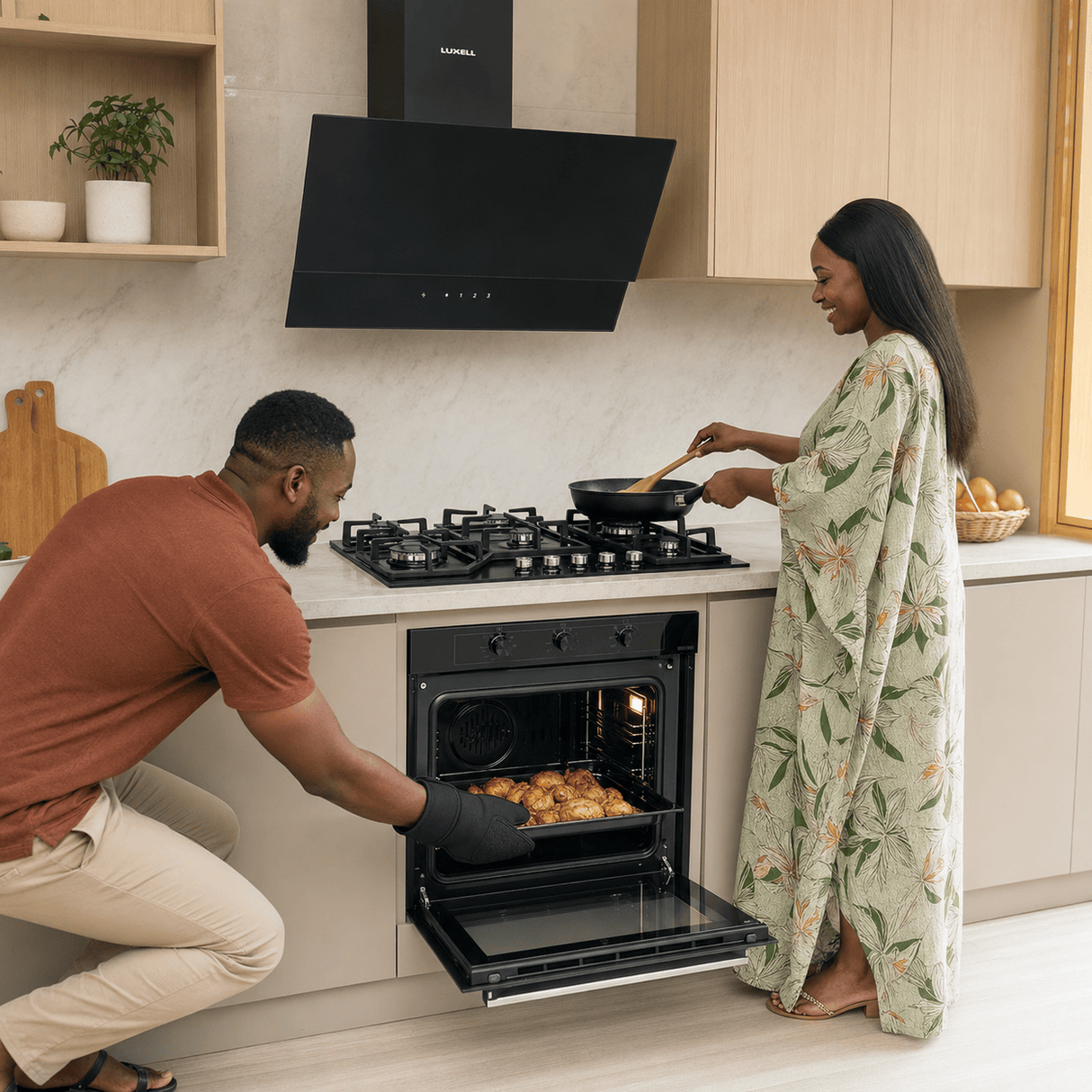 Luxell Built-In Kitchen Appliances Luxell Hex 90cm Black Glass 3-Piece Built-In Kitchen Set with 5-Burner Wok Hob, 650m³/h Hood & 88L Turbo Oven - LXSET-HX90-88M