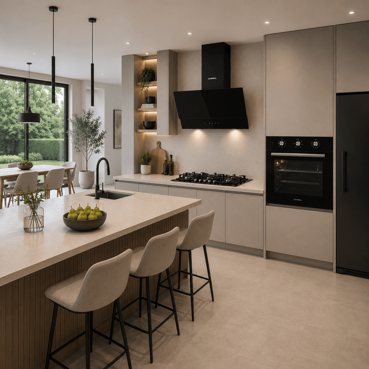 Luxell Built-In Kitchen Appliances Luxell Hex 90cm Black Glass 3-Piece Built-In Kitchen Set with 5-Burner Wok Hob, 650m³/h Hood & Convection Oven - LXSET-HX90-60M