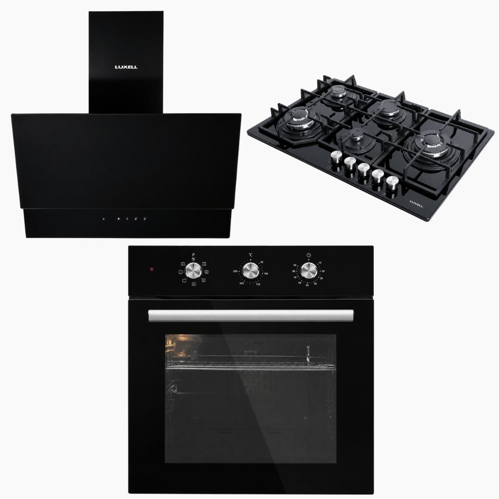 Luxell Built-In Kitchen Appliances Luxell Hex 90cm Black Glass 3-Piece Built-In Kitchen Set with 5-Burner Wok Hob, 650m³/h Hood & Convection Oven - LXSET-HX90-60M