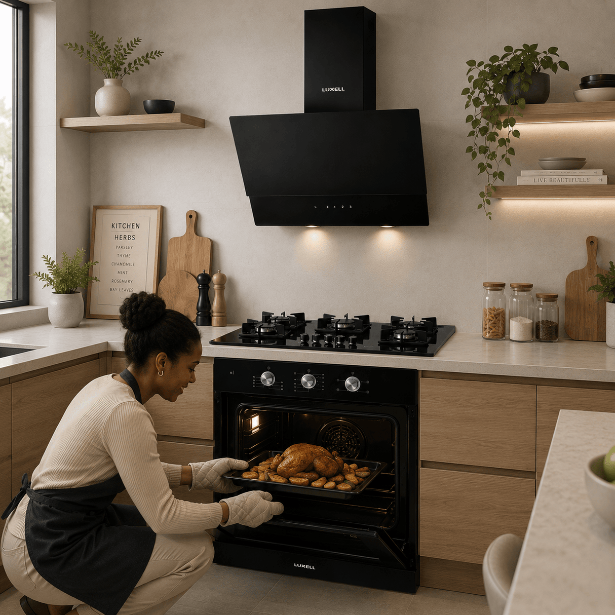 Luxell Built-In Kitchen Appliances Luxell Hex 90cm Black Glass 3-Piece Built-In Kitchen Set with 5-Burner Wok Hob, 650m³/h Hood & Convection Oven - LXSET-HX90-60M