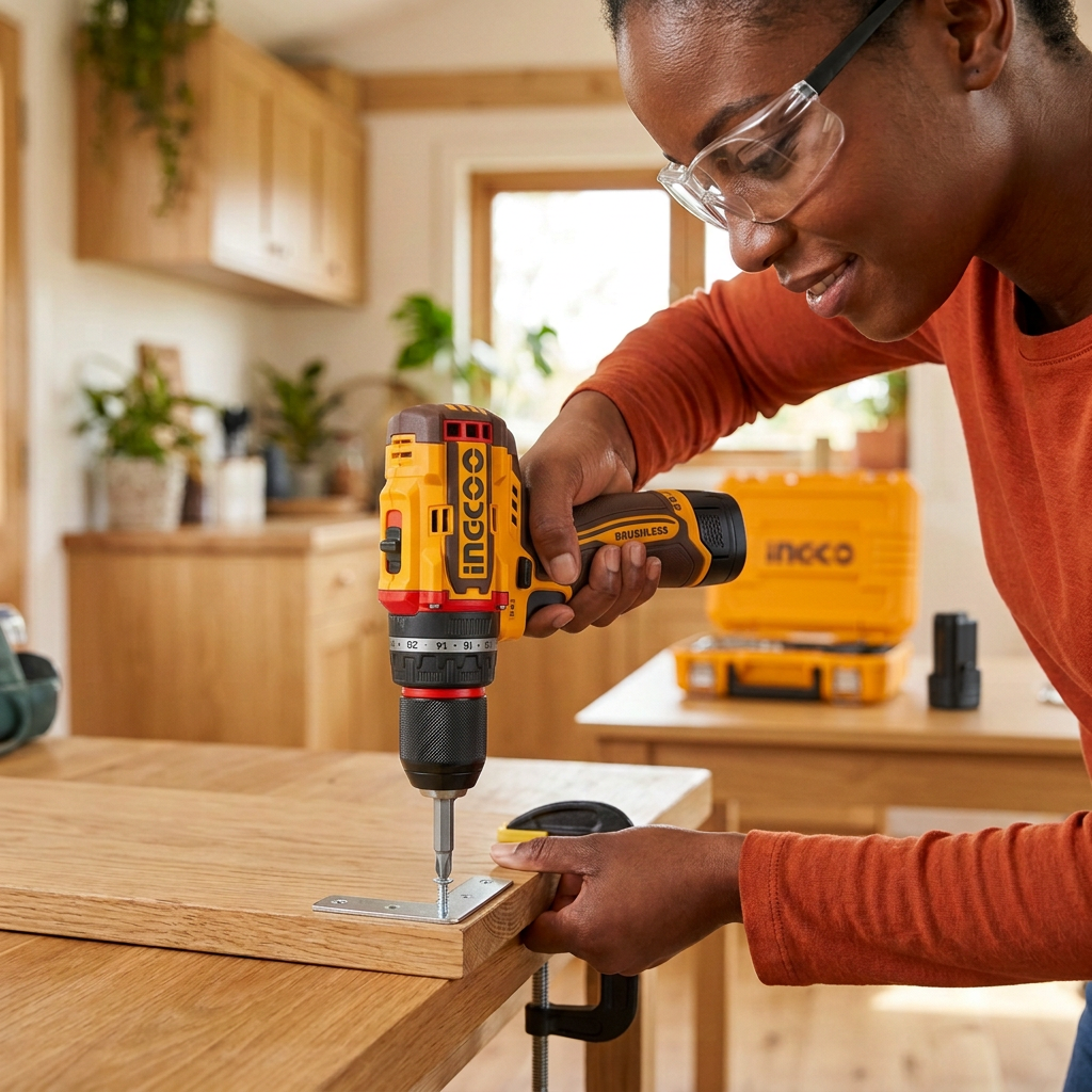 Maker fastening a bracket with the Ingco cordless drill