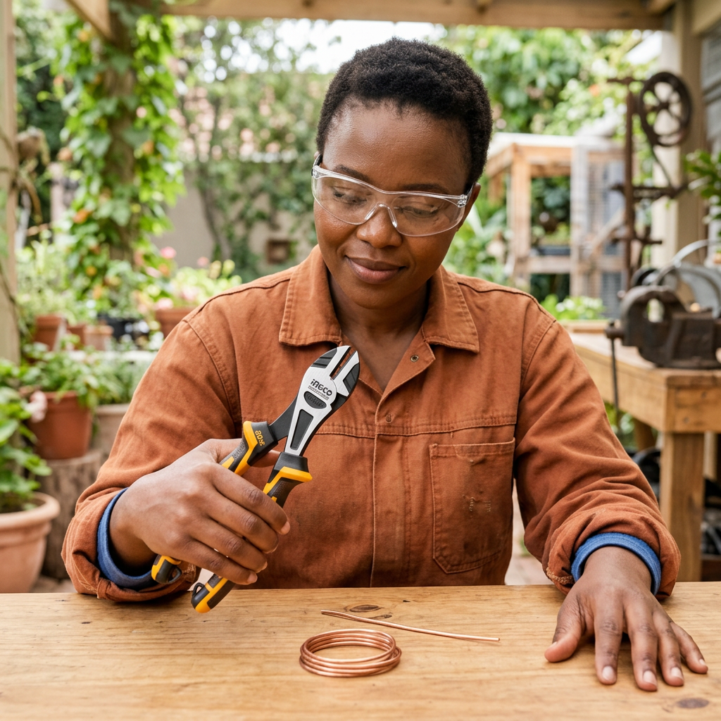 Maker inspecting the Ingco diagonal pliers before a craft-wire task