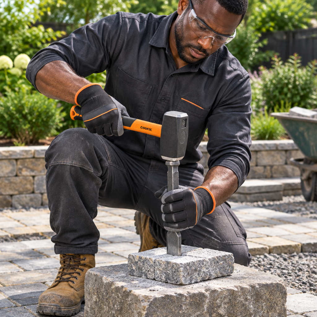 Mason using the Coofix stoning hammer for stonework