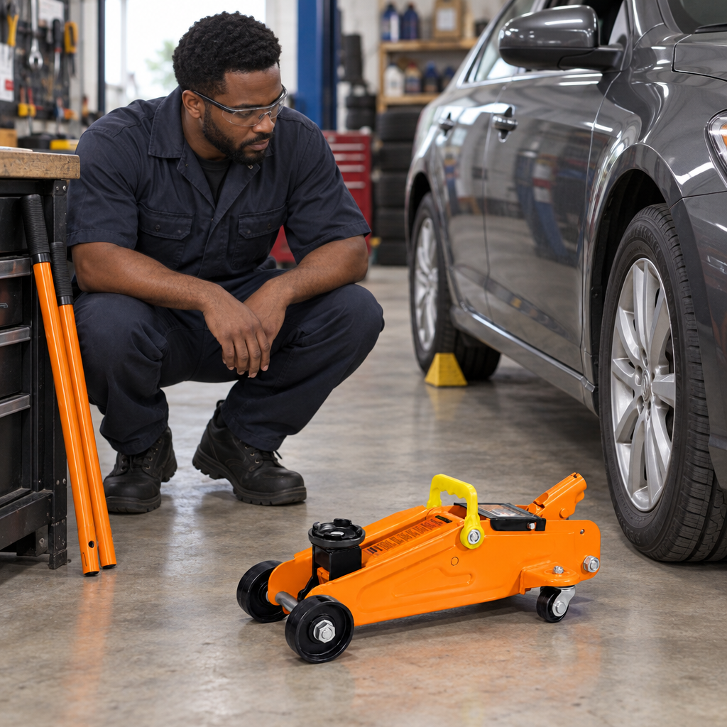 Mechanic inspecting the Coofix hydraulic floor jack in a garage