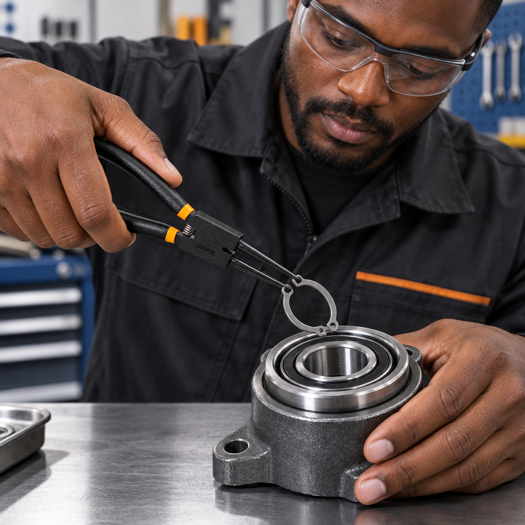 Mechanic using Coofix circlip pliers on a retaining ring