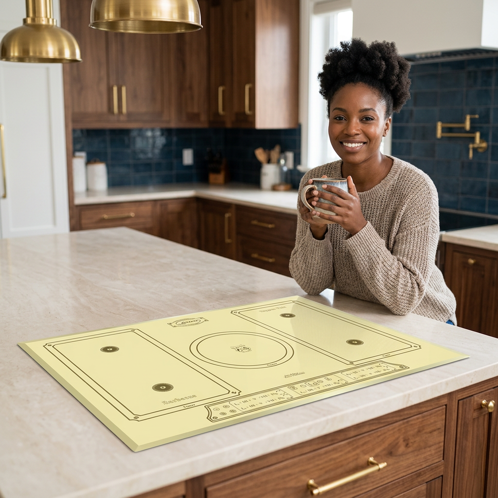 Morning coffee scene beside the ivory Kaiser Empire induction hob