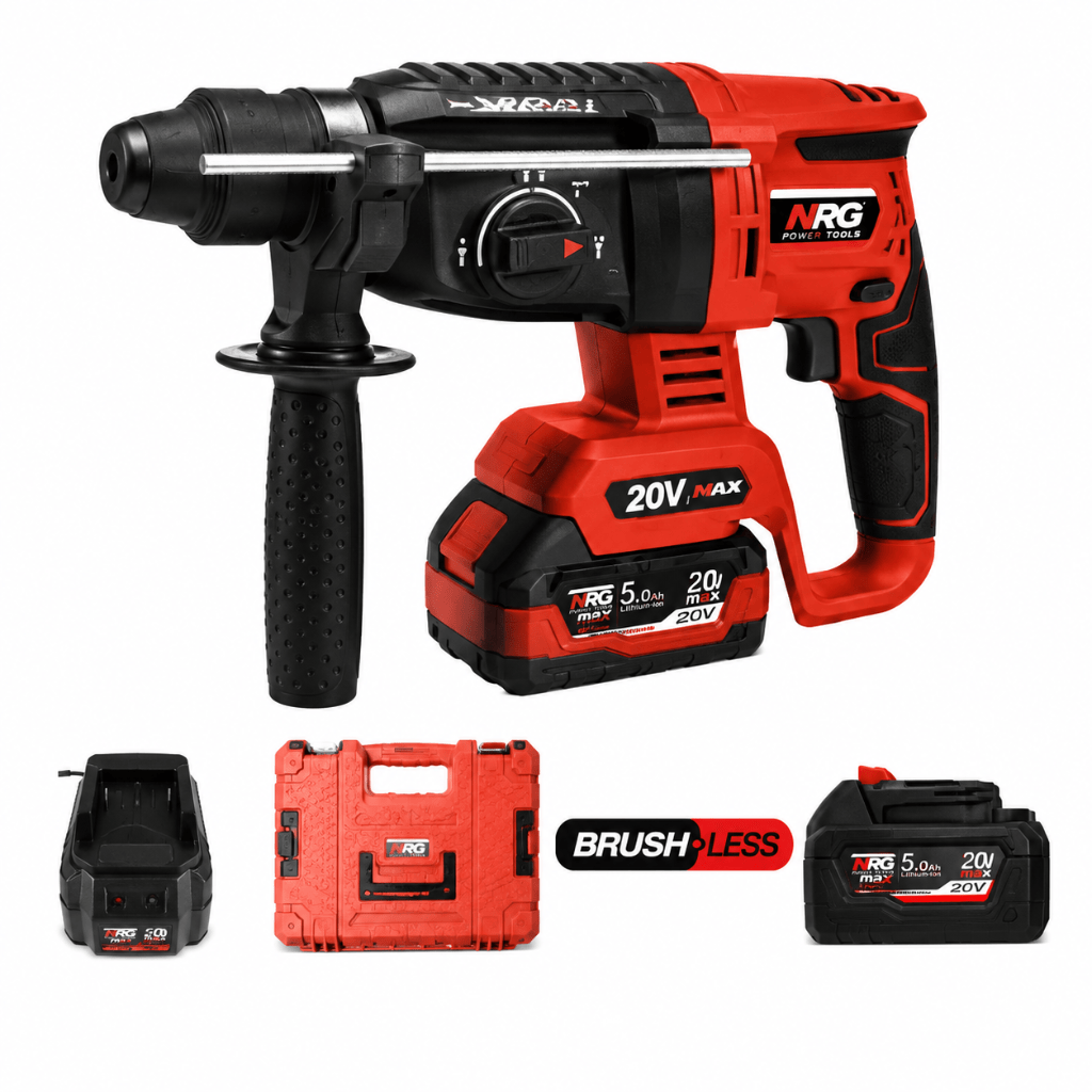NRG Drill NRG 20V Brushless Cordless SDS-Plus Rotary Hammer Kit 26mm with 2×5.0Ah Batteries - NBRH20V-502