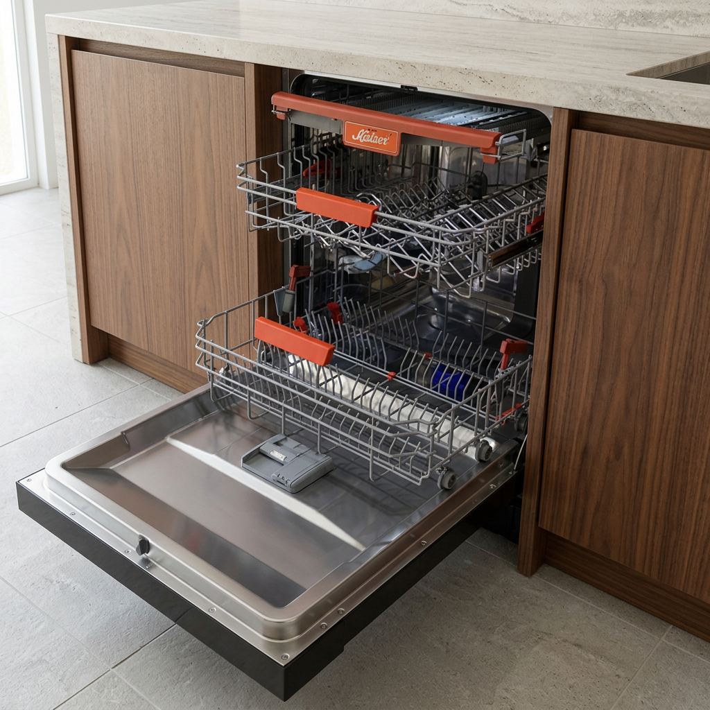 Open Kaiser dishwasher in a contemporary oak-and-stone kitchen