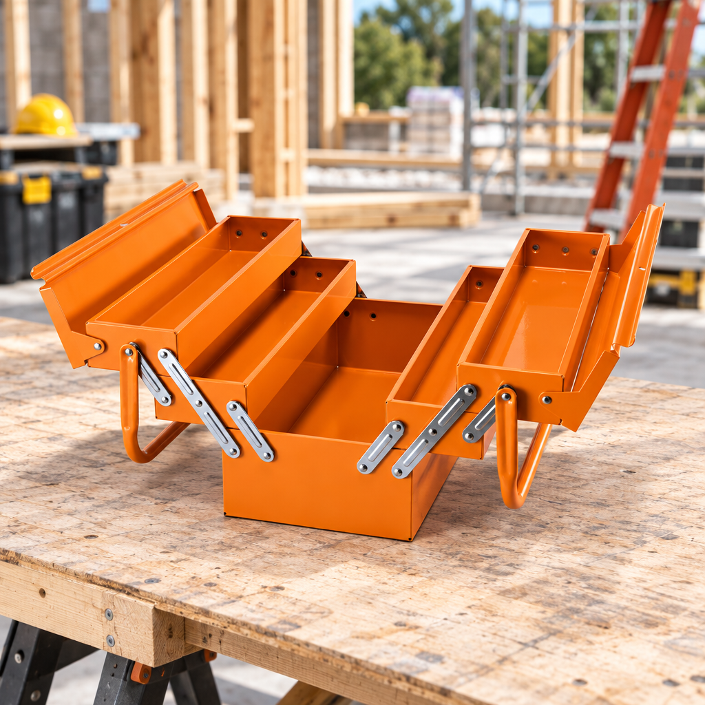 Open orange cantilever toolbox on a worktable