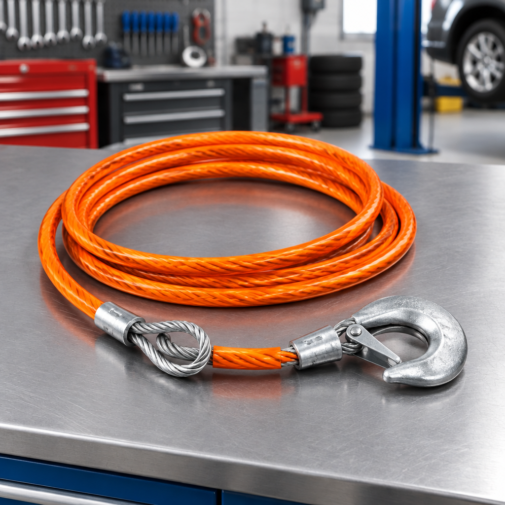 Orange-coated steel tow cable on a workbench