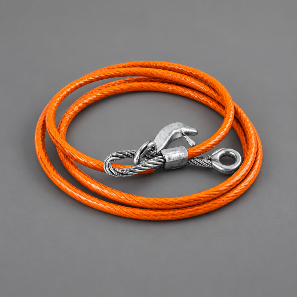 Orange-coated steel tow cable on grey