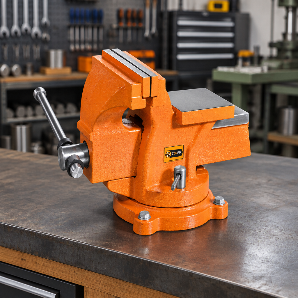 Orange Coofix bench vise mounted on a workshop bench