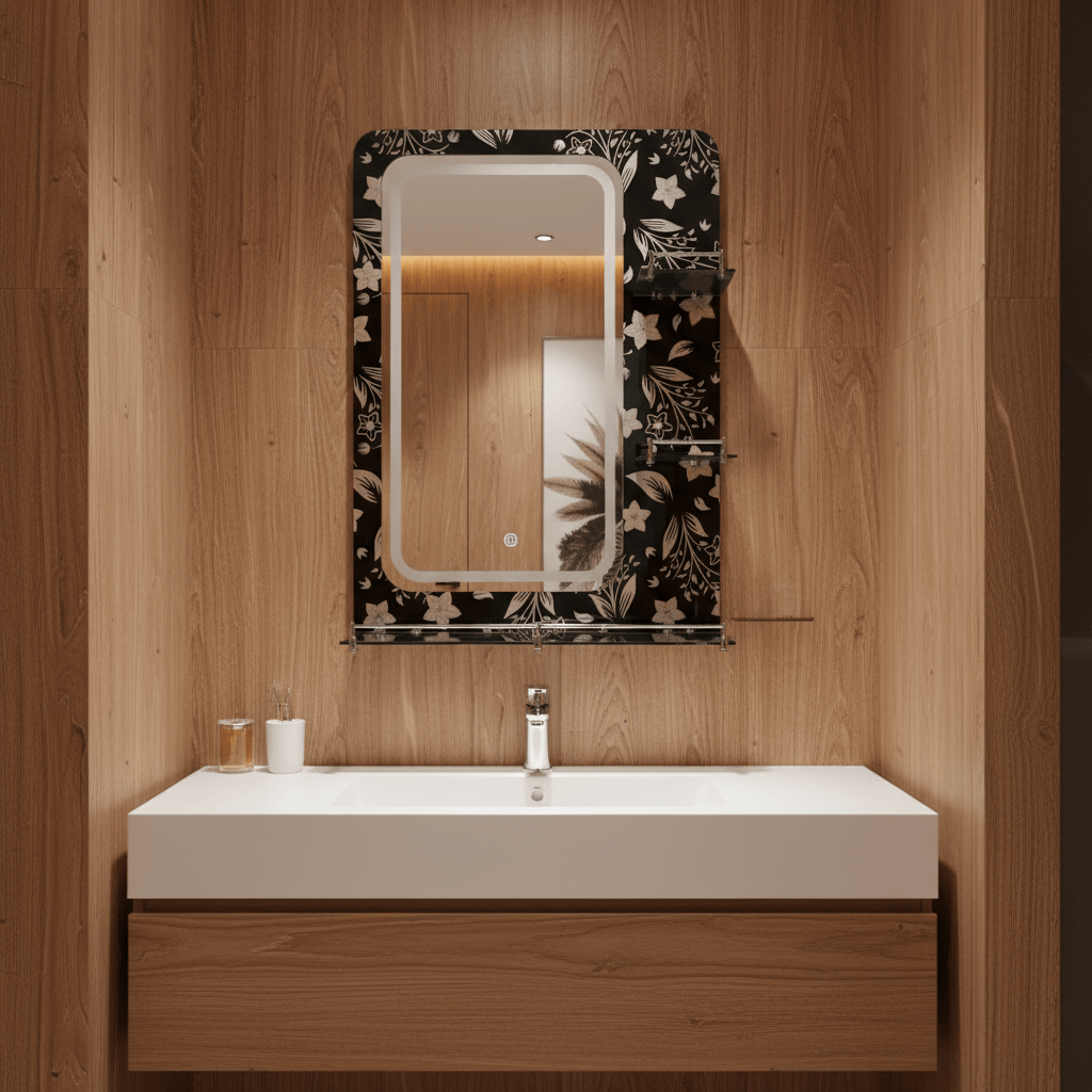 Padmore Bathroom Mirrors Dark Flower Bathroom Mirror with Triple Glass Shelf 50x70cm