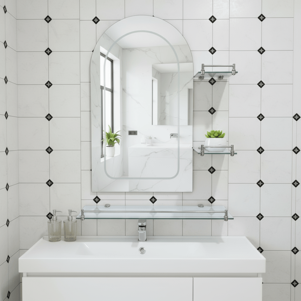 Padmore Bathroom Mirrors Heavy Curved Bathroom Mirror with Triple Glass Shelf 70x50cm