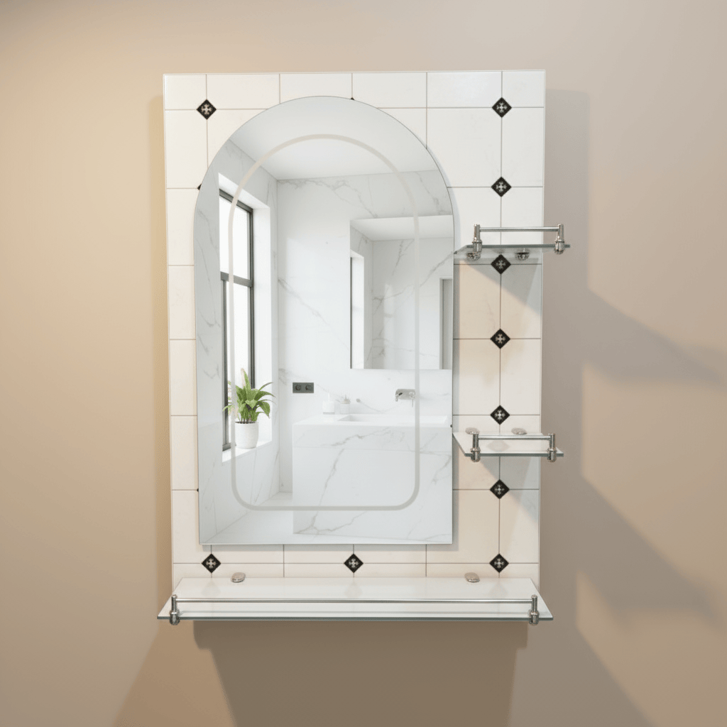 Padmore Bathroom Mirrors Heavy Curved Bathroom Mirror with Triple Glass Shelf 70x50cm