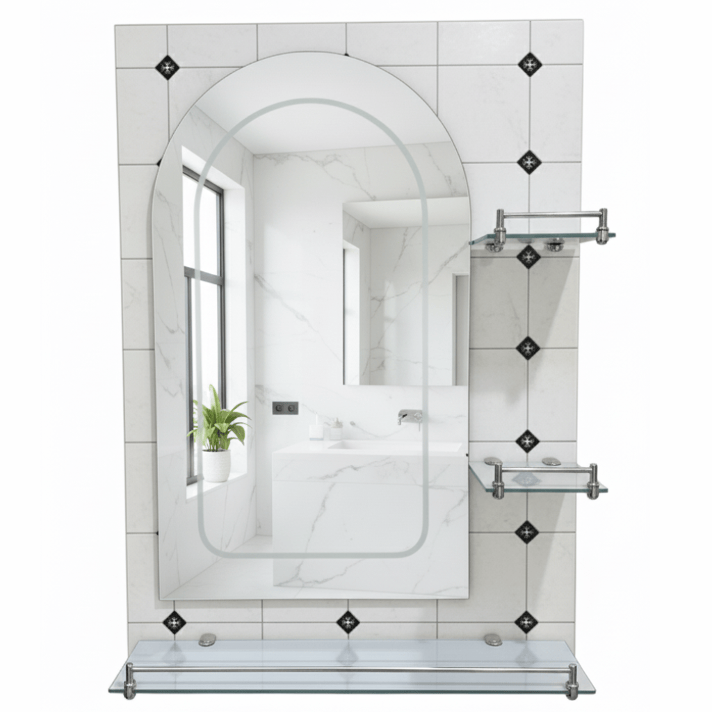 Padmore Bathroom Mirrors Heavy Curved Bathroom Mirror with Triple Glass Shelf 70x50cm